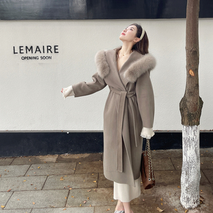 100羊毛白色狐狸毛领连帽双面呢外套女系带羊绒大衣