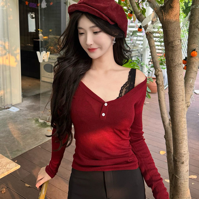 顾小落羊毛v领红色针织衫女内搭上衣2025秋冬修身显瘦打底毛衣