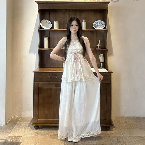 CreamySweet 慵懒飘飘裤 蕾丝拼接镂空花边松弛垂坠感休闲长裤女