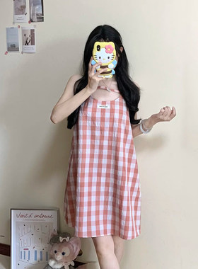 活泼的氛围感度假背心款式格子连衣裙夏季小裙子女A字宽松吊带裙