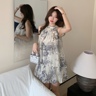 裙 顾小落 呓语江南 水墨印花挂脖无袖 上衣女夏复古套装