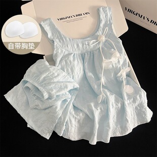 薄款 可爱风带胸垫吊带短裤 甜美云朵棉可外穿家居服 夏季 睡衣女新款