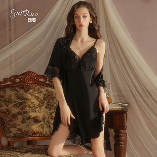 瑰若缎面双开叉蕾丝拼接胸垫深V诱惑吊带睡裙中袖 外袍家居服5618