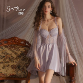 瑰若丝滑缎面蕾丝刺绣聚拢可拆胸垫睡裙网纱外袍家居服套装 M5804