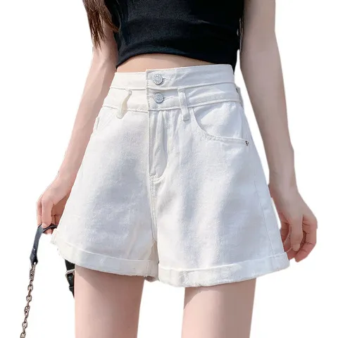 宽松a字裤女白色超高腰显瘦ins百搭牛仔短裤热裤新款2022卷边夏潮