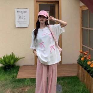 字母 棉质女显瘦印花T恤宽松蝴蝶结韩版 大码 短袖 上衣ins潮修身