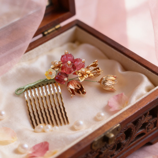 花荫月原创设计古法保色铜琉璃铃兰蝶贝珍珠发梳孤品汉服配饰插梳