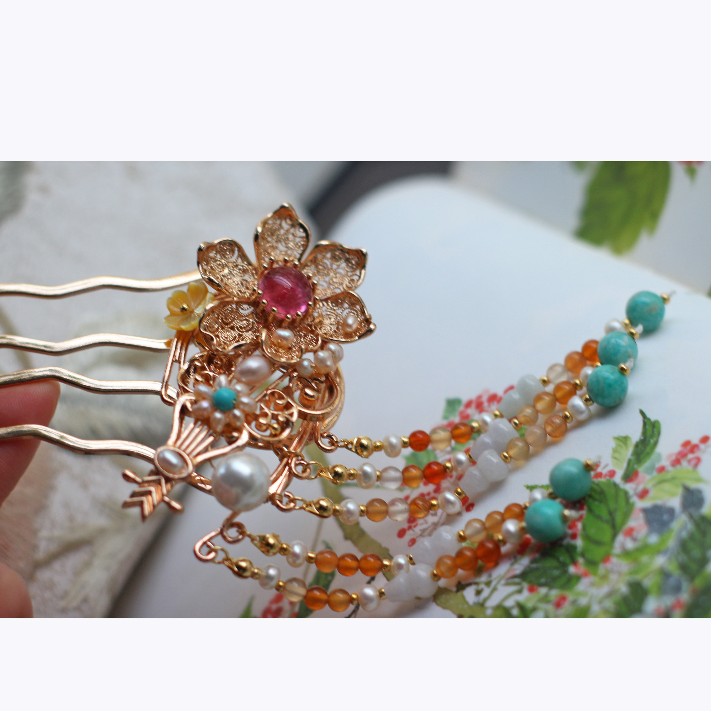 花荫月原创设计保色铜琉璃珍珠玛瑙琵琶敦煌风发梳汉服配饰国风