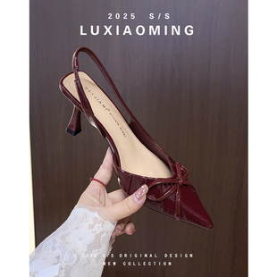 羊皮版~红色蝴蝶结高跟鞋女2025夏新款后空气质尖头细跟走秀凉鞋