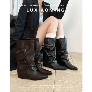 牛皮版~欧美辣妹尖头裤管靴女2025秋新款显瘦高跟短靴炸街骑士靴