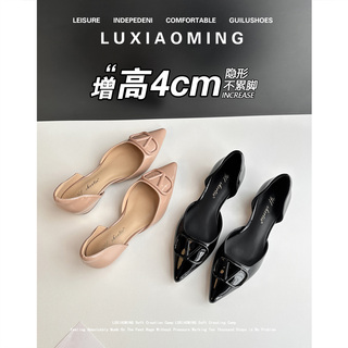 羊皮版~绝美尖头包头平底凉鞋女新款轻熟气质中空浅口内增高单鞋