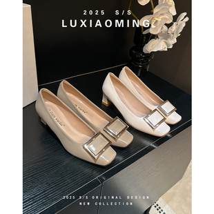 羊皮版~rv方扣单鞋女2025春夏新款粗跟方头浅口玛丽珍鞋通勤女鞋