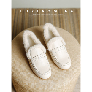 女保暖棉鞋 鹿小鸣2024冬季 加绒一脚蹬豆豆鞋 真皮内增高毛毛鞋 新款