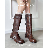 牛皮版 美拉德高筒骑士靴女2025新款 复古做旧皮带扣长筒靴机车靴