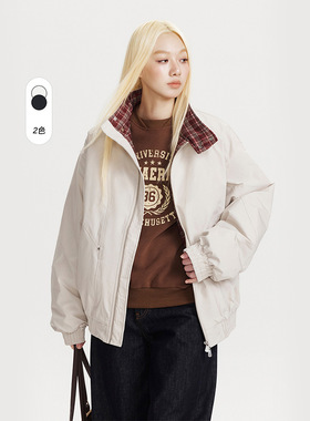 CATTEE美式复古拼接格纹立领棉服男女冬季新款宽松休闲棉衣外套潮