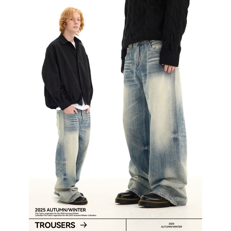 UNF 牛王A字型水洗蓝直筒宽松cleanfit原牛手工猫须牛仔裤男秋冬