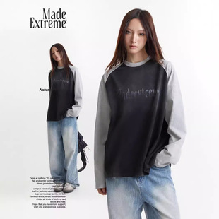 MADEEXTREME 280g复古做旧水洗字母印花圆领宽松插肩袖长袖T恤