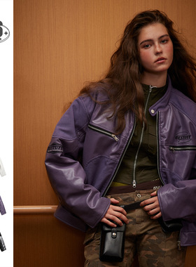 STAFFPICK美式复古拼接赛车元素PU皮衣男女棉衣冬季机车外套MY103