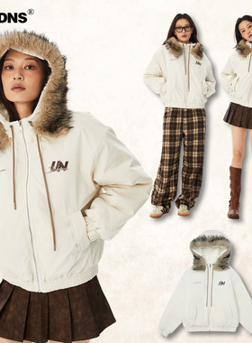 UNBDNS原创美式座山雕毛领棉服女冬季小众设计感保暖夹棉百搭外套