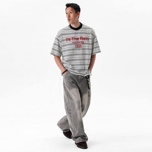 ATBORDER文艺风条纹T恤宽松廓形慵懒随性透气亲肤男女同款短袖T恤