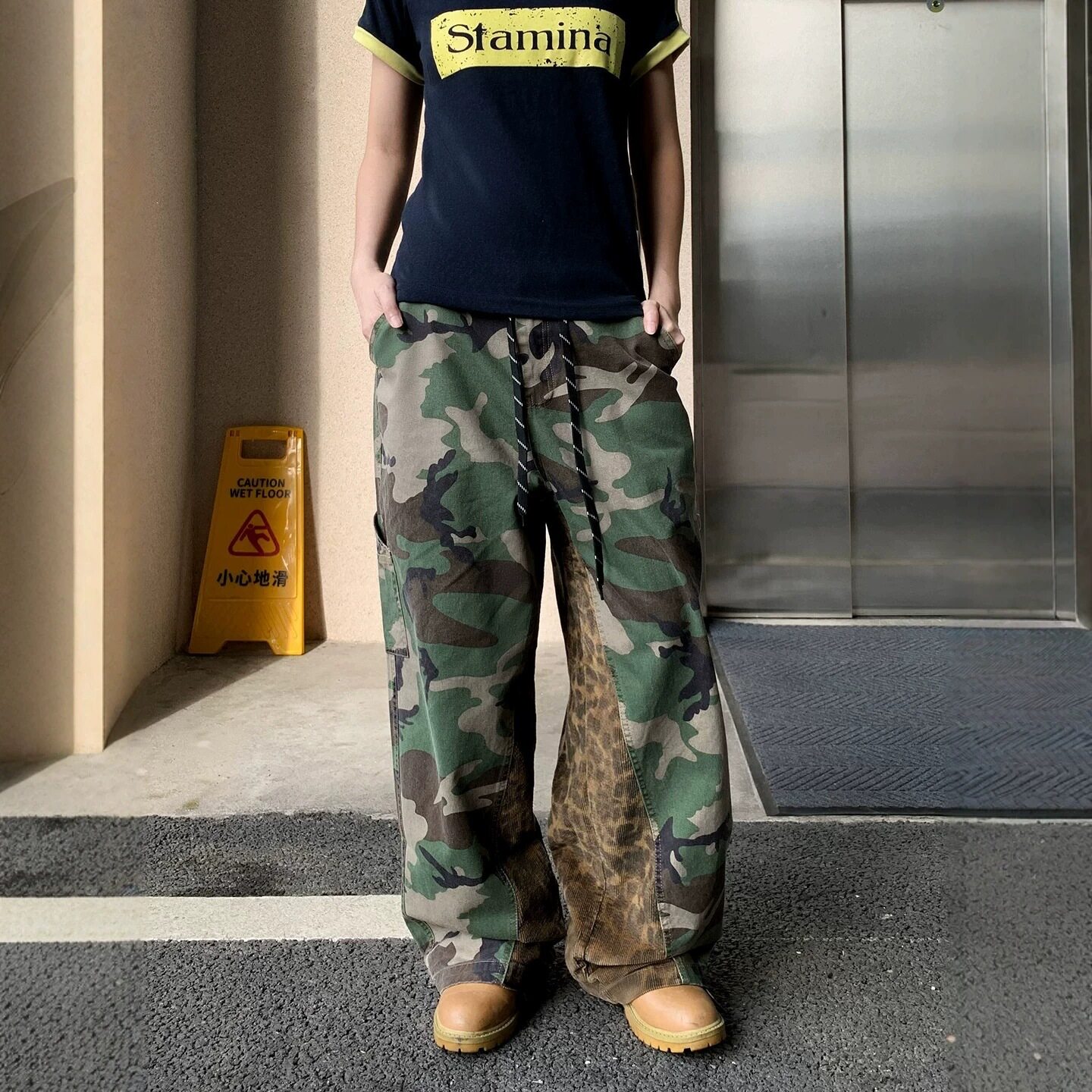 美式复古拼接豹纹迷彩伐木工装裤男女设计感宽松直筒休闲长裤子潮