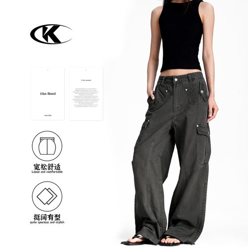11KN美式复古弯刀工装裤男女宽松解构拼接多口袋潮廓形休闲阔腿裤