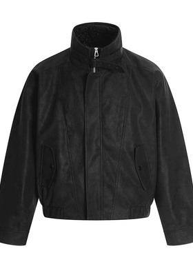 美式潮牌高级感黑色PU皮毛领夹克外套男式高街机车风宽松百搭皮衣