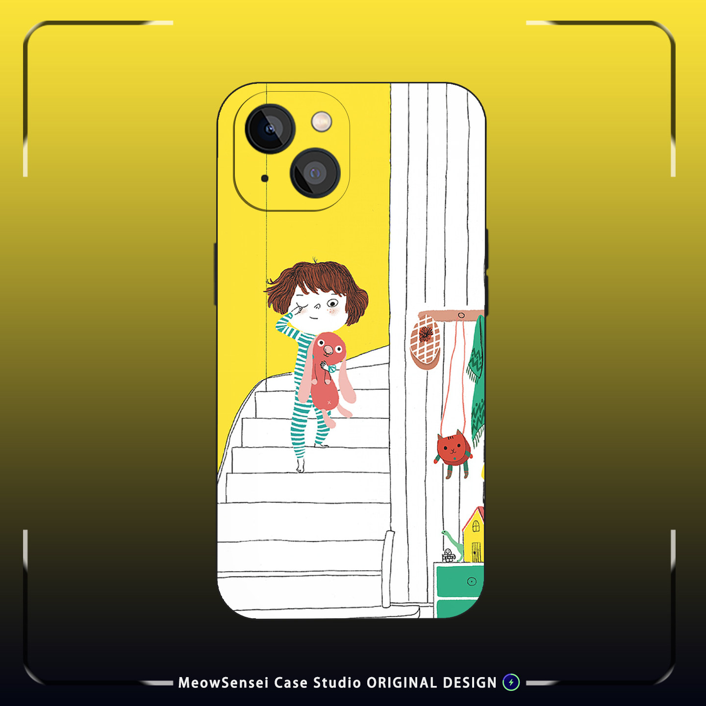 简约楼梯抱兔子睡衣小女孩 ins童趣手绘手机壳适用于iPhone17苹果16软萌少女学生磁吸磨砂硅胶全包防摔保护套