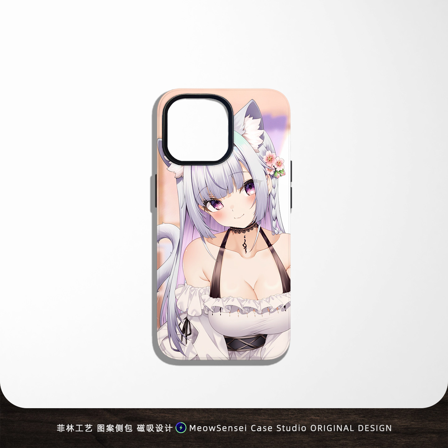 可爱软萌樱花猫耳银发少女手机壳适用苹果16华为OPPO小米15动漫二次元VIVO菲林磁吸iPhone17ProMax防摔保护套