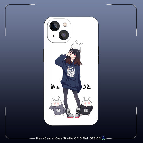 白底色连帽卫衣少女软萌兔子ins日系简约手绘手机壳适用iPhone17苹果16甜妹少女磁吸磨砂硅胶全包防摔保护套