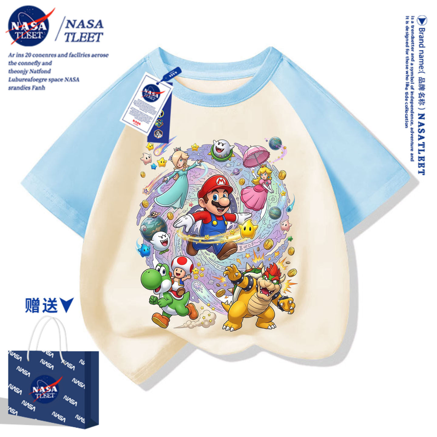 NASA卡通马里奥短袖男女童夏季棉t恤帅气新品玛丽上衣中大童半袖