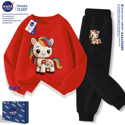NASA联名儿童加绒卫衣套装2026款新年马年红色12岁男孩本命年衣服