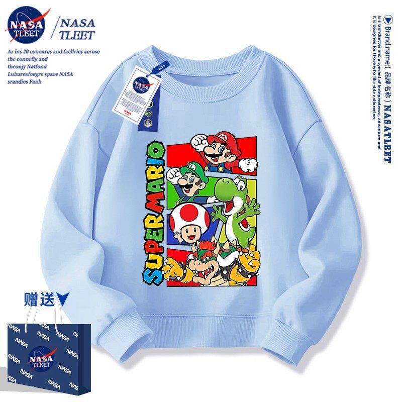 NASA红色马里奥男童卫衣春秋2025新款潮牌圆领上衣加绒儿童秋装