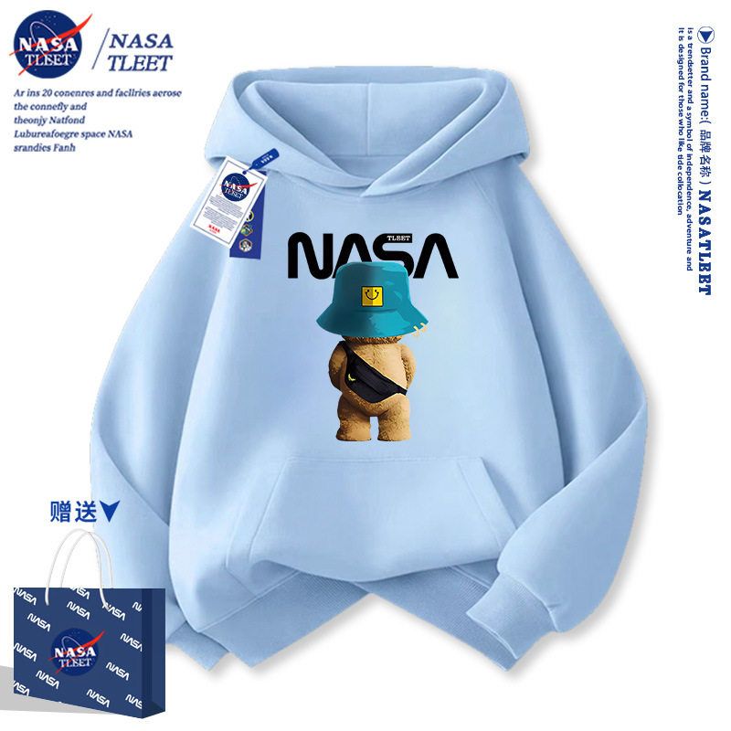 NASA男童红色卫衣2025新款中大童装秋冬加绒连帽上衣儿童秋装男孩