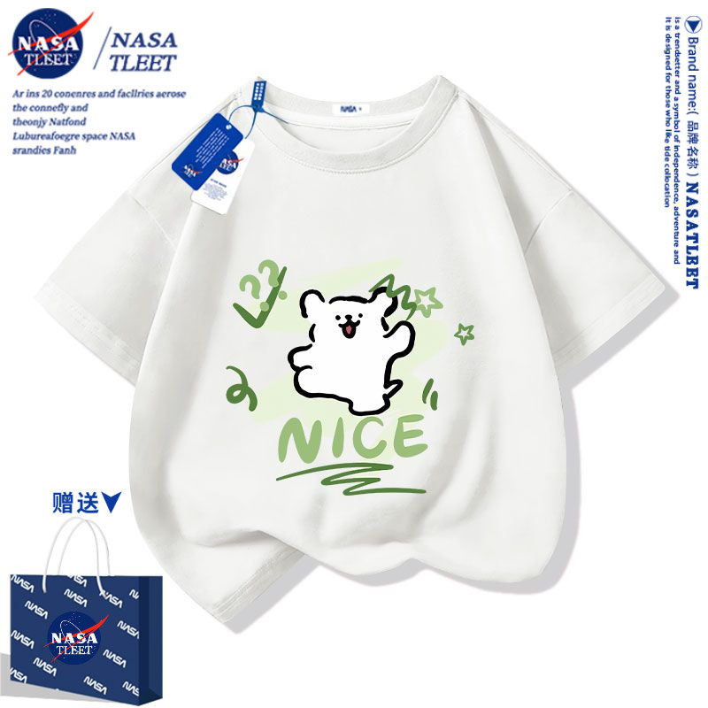 NASA女童短袖t恤2025新款夏季儿童纯棉薄款洋气女孩半袖白色上衣