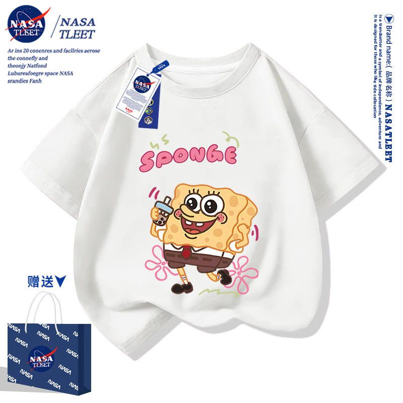 NASA联名海绵宝宝短袖t恤男女童夏季动漫周边衣服儿童体恤童装新