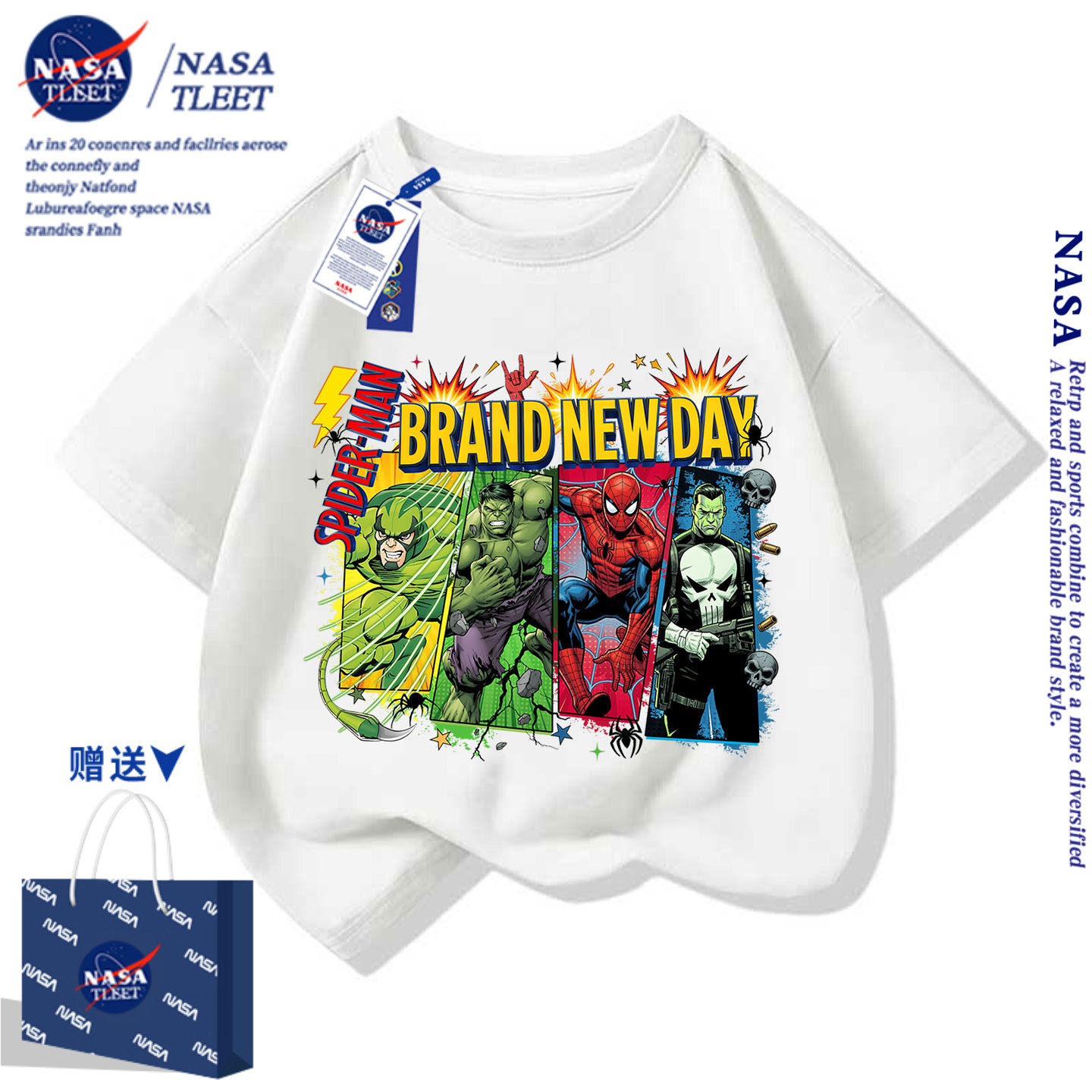 NASA联名蜘蛛侠4崭新之日SpiderMan卡通短袖t恤夏装男女儿童半袖