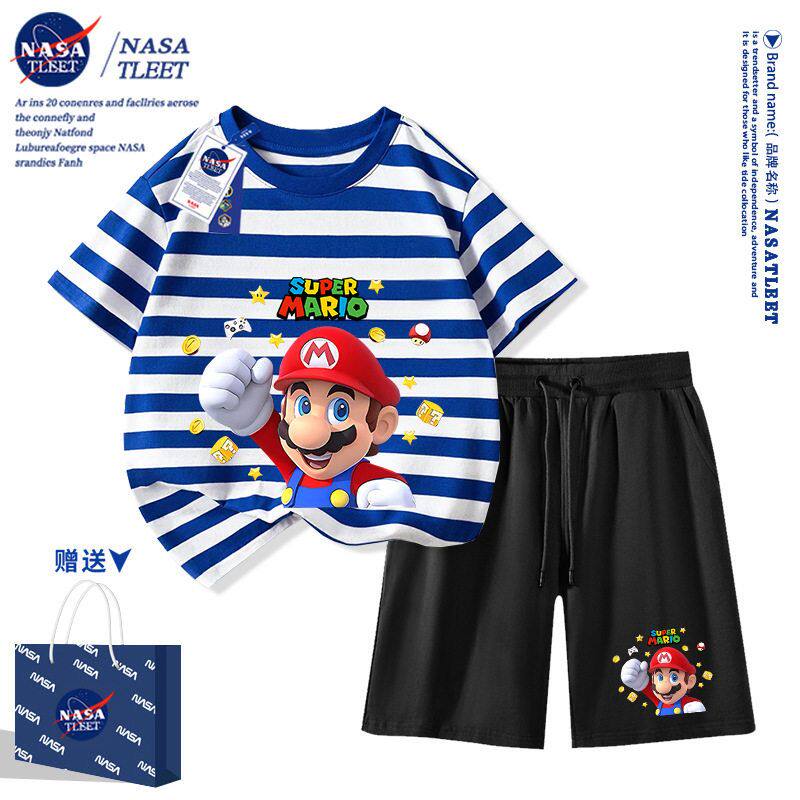 NASA马里奥男童夏季套装2025新款男孩纯棉短袖t恤儿童薄款运动服