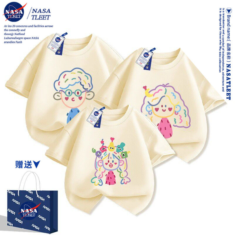 NASA海边一家三四口亲子装短袖夏季薄2026新款母女全家装上衣纯棉