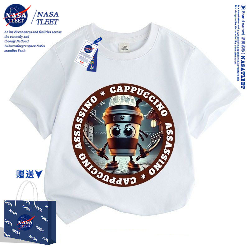 NASA国外山海经t恤短袖衣服儿童男咖啡忍者卡布奇诺上衣亲子装夏