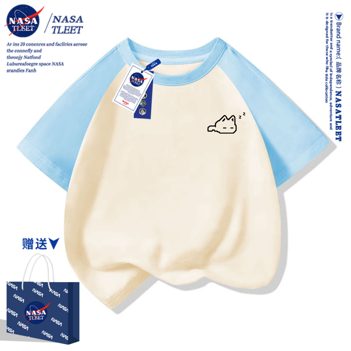 NASA新款中小学生可爱猫咪印花圆领短袖夏季日常百搭休闲风T恤衫