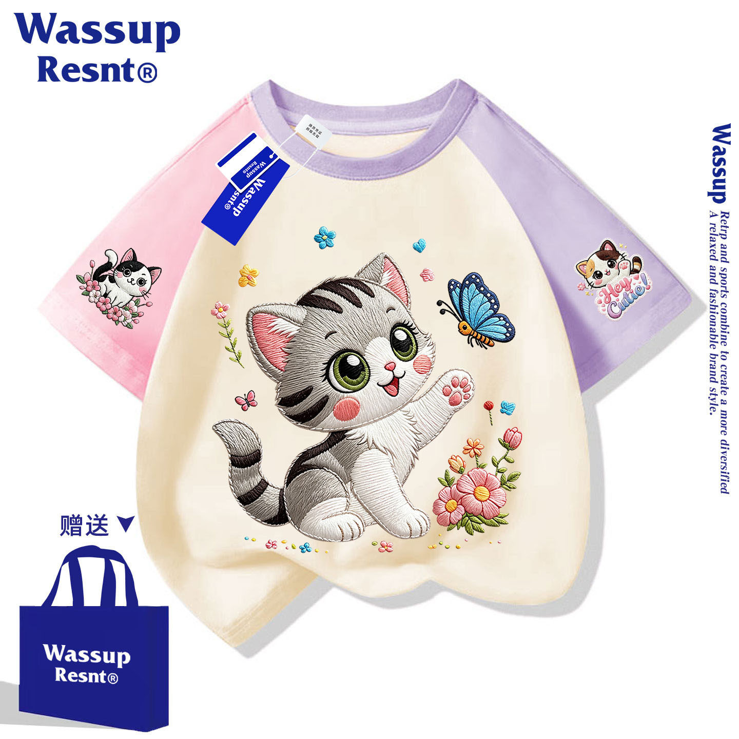 WASSUP联名新款仿刺绣儿童短袖T恤中大童装夏季纯棉女童小猫上衣