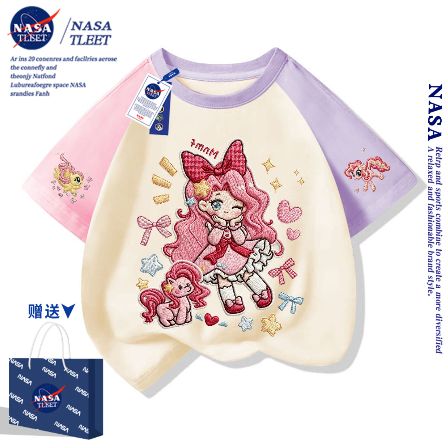 NASA小女孩仿刺绣印花卡通中小儿童学生短袖t恤衫休闲半袖上衣服