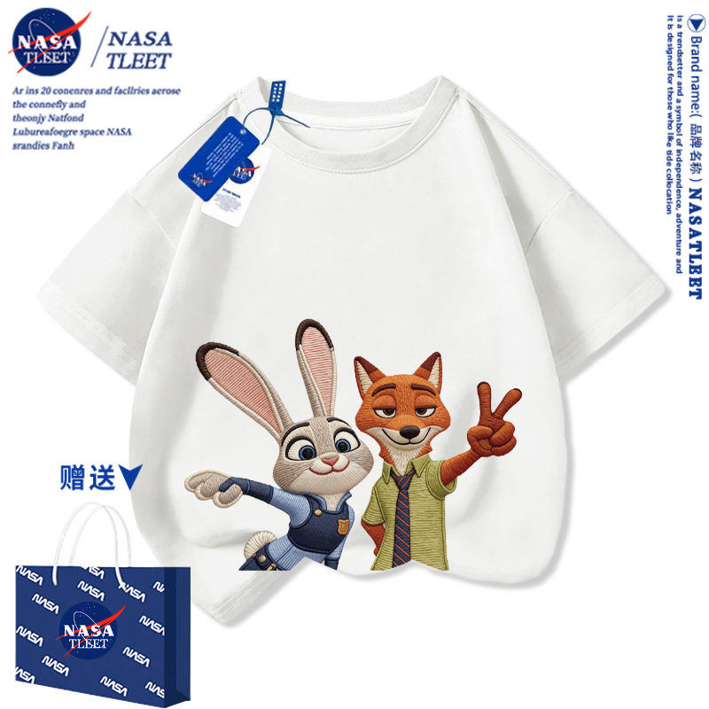 NASA儿童仿刺绣印花短袖T恤可爱疯狂动物城男童夏季圆领纯棉半袖
