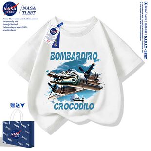 NASA联名国外山海经木棍人鳄鱼战斗机印花短袖t恤童装潮流衣服新
