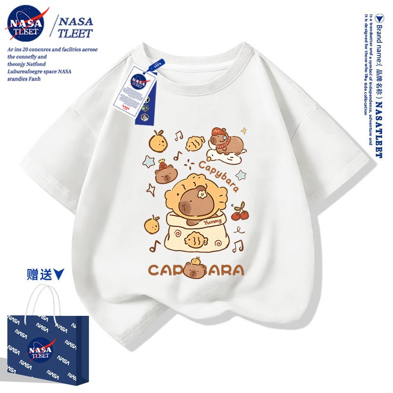 NASA联名纯棉港风百搭卡皮巴拉印花短袖情侣装夏季宽松男女童T恤
