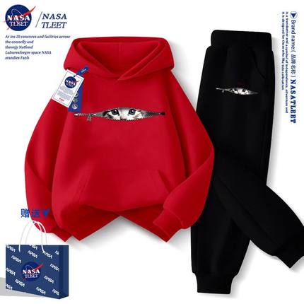 NASA红色儿童秋装连帽卫衣2025秋冬新款女童加绒猫咪男童秋冬套装