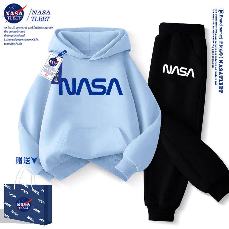 NASA男童秋装套装2025新款连帽卫衣秋冬装加绒儿童女童秋季运动服