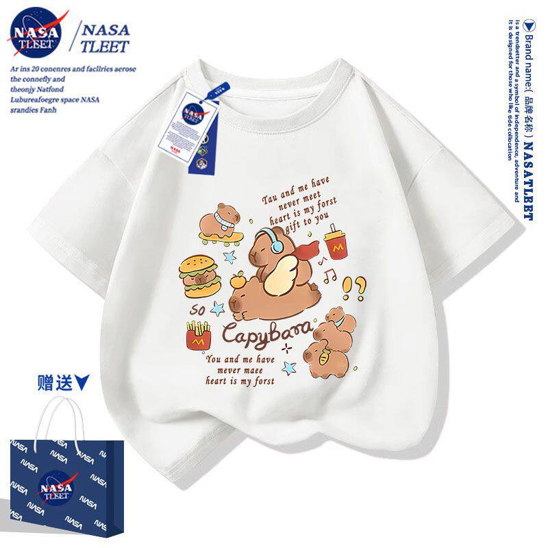 NASA联名新款中小学生纯棉T恤夏季卡通卡皮巴拉圆领短袖洋气上衣