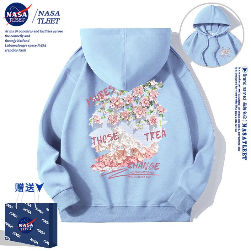 NASA联名樱花富士山连帽卫衣女2025秋季新款宽松简约百搭学生外套